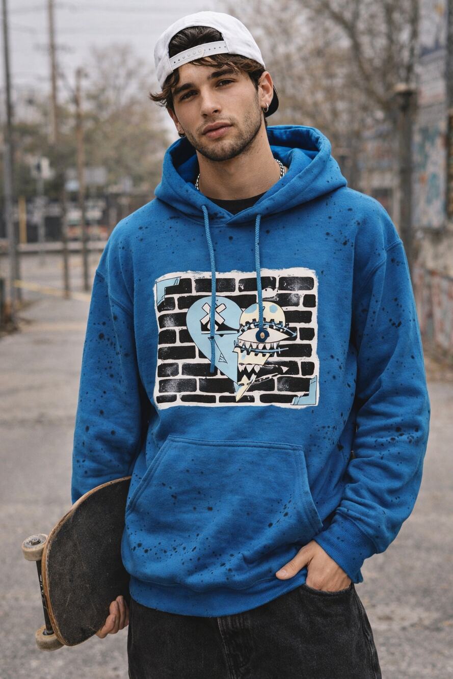 Hustle Or Starve Blue Hoodie Mens Medium Pullover Y2K Graphic Sweatshirt